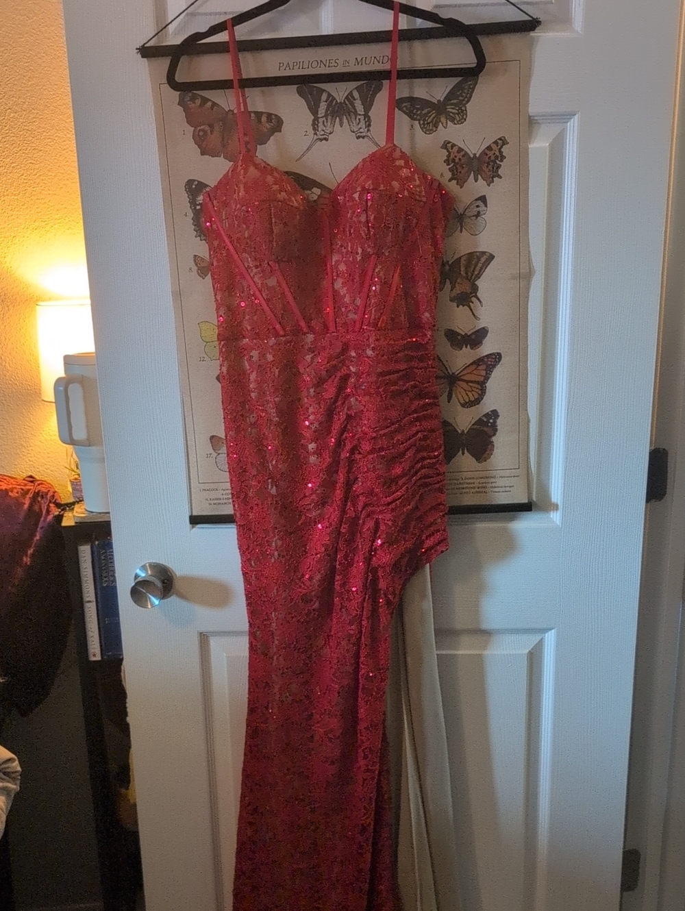 Red Sequin Prom Dress with Spaghetti Straps